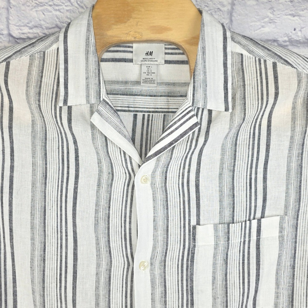 H&M Men Button Front White Striped Linen Blend Short Sleeve Shirt Size Large